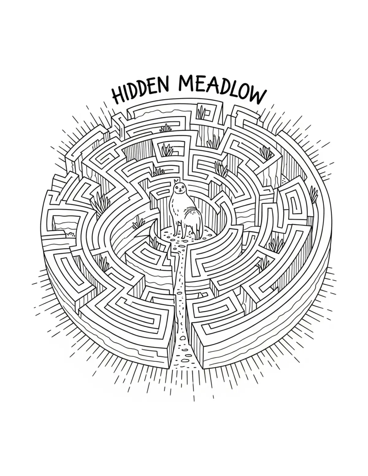 Free printable coloring page: hidden-meadow-maze coloring page. Cute and cozy design for kids and adults to download and print.