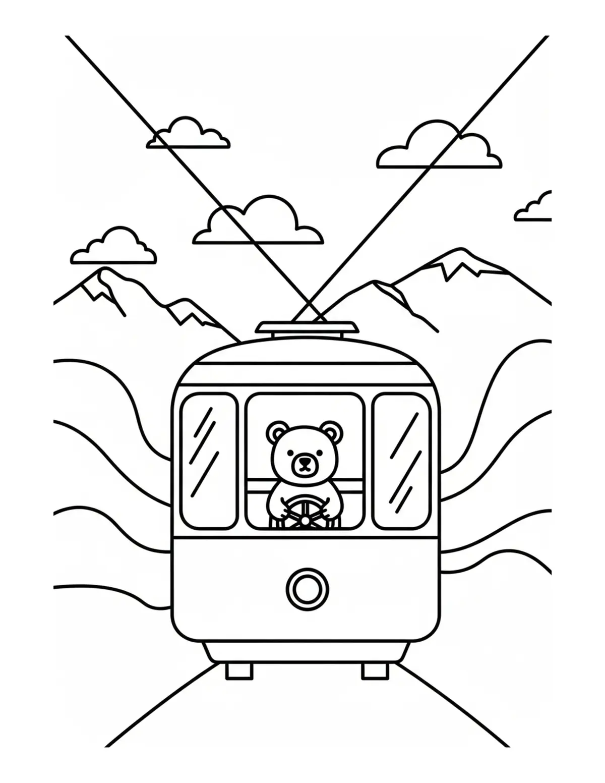 Free printable coloring page: tiny-bear-driving-a-cozy-mount coloring page. Cute and cozy design for kids and adults to download and print.