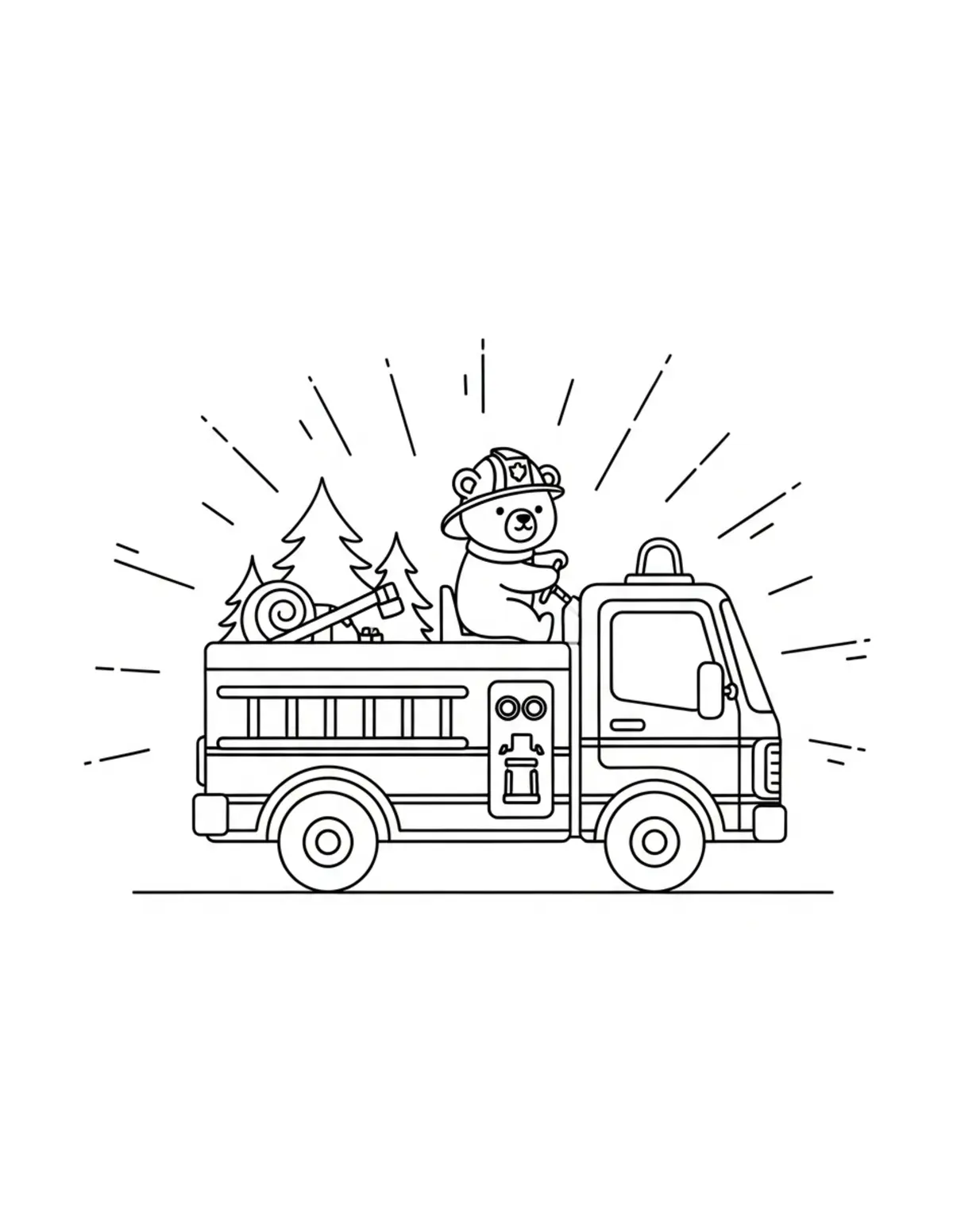Free printable coloring page: tiny-bear-driving-a-forest-fir coloring page. Cute and cozy design for kids and adults to download and print.