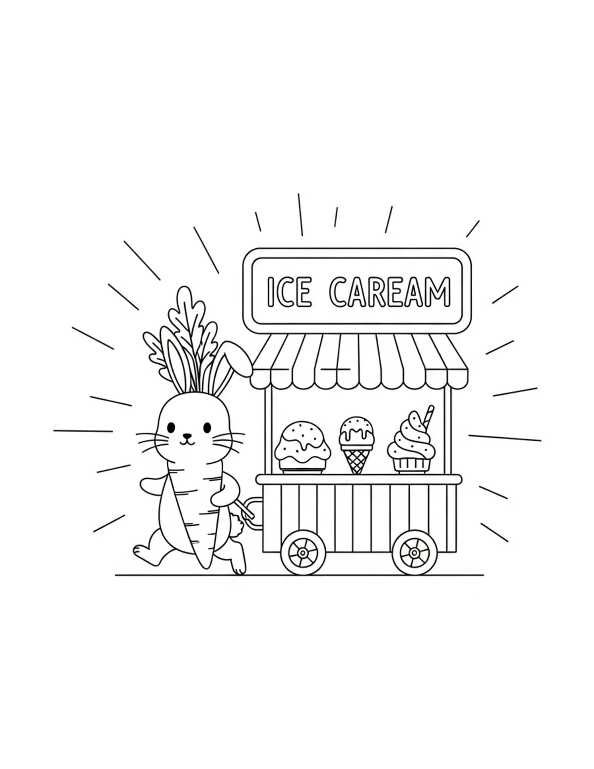 Free printable coloring page: tiny-bunny-running-a-carrot-ic coloring page. Cute and cozy design for kids and adults to download and print.