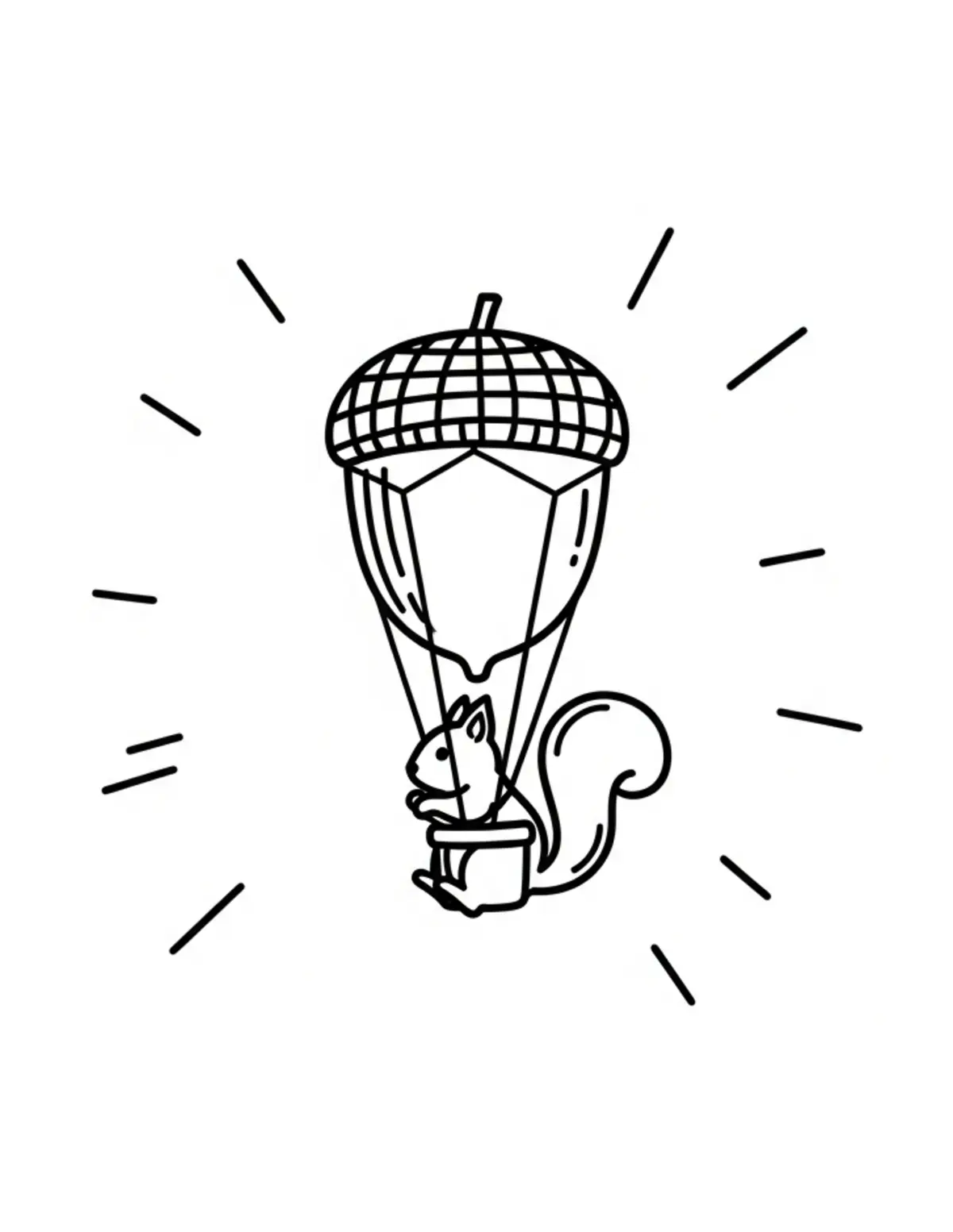 Free printable coloring page: tiny-squirrel-flying-an-acorn coloring page. Cute and cozy design for kids and adults to download and print.