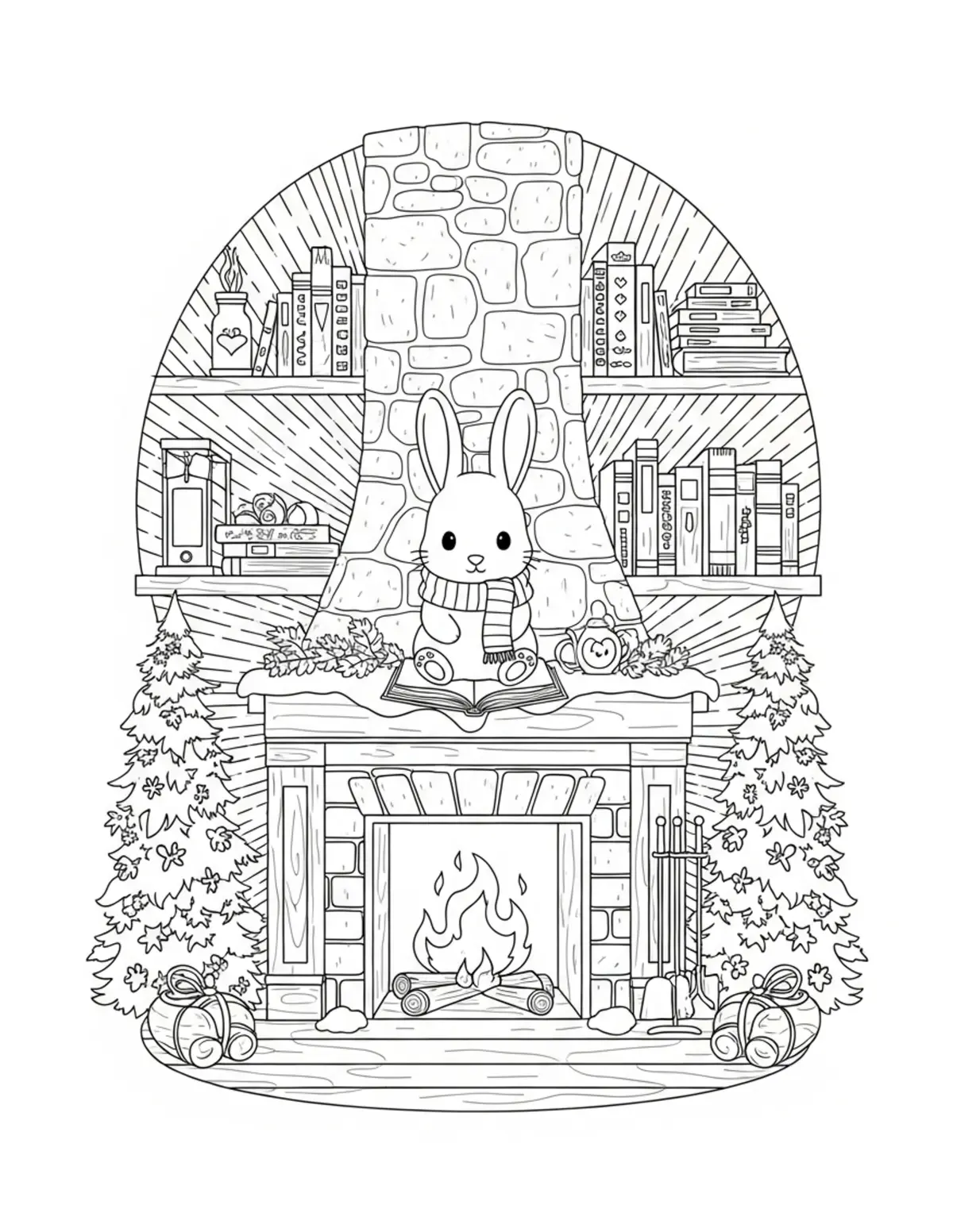 Free printable coloring page: tiny bunny winter cabin firep coloring page. Cute design for kids and adults.