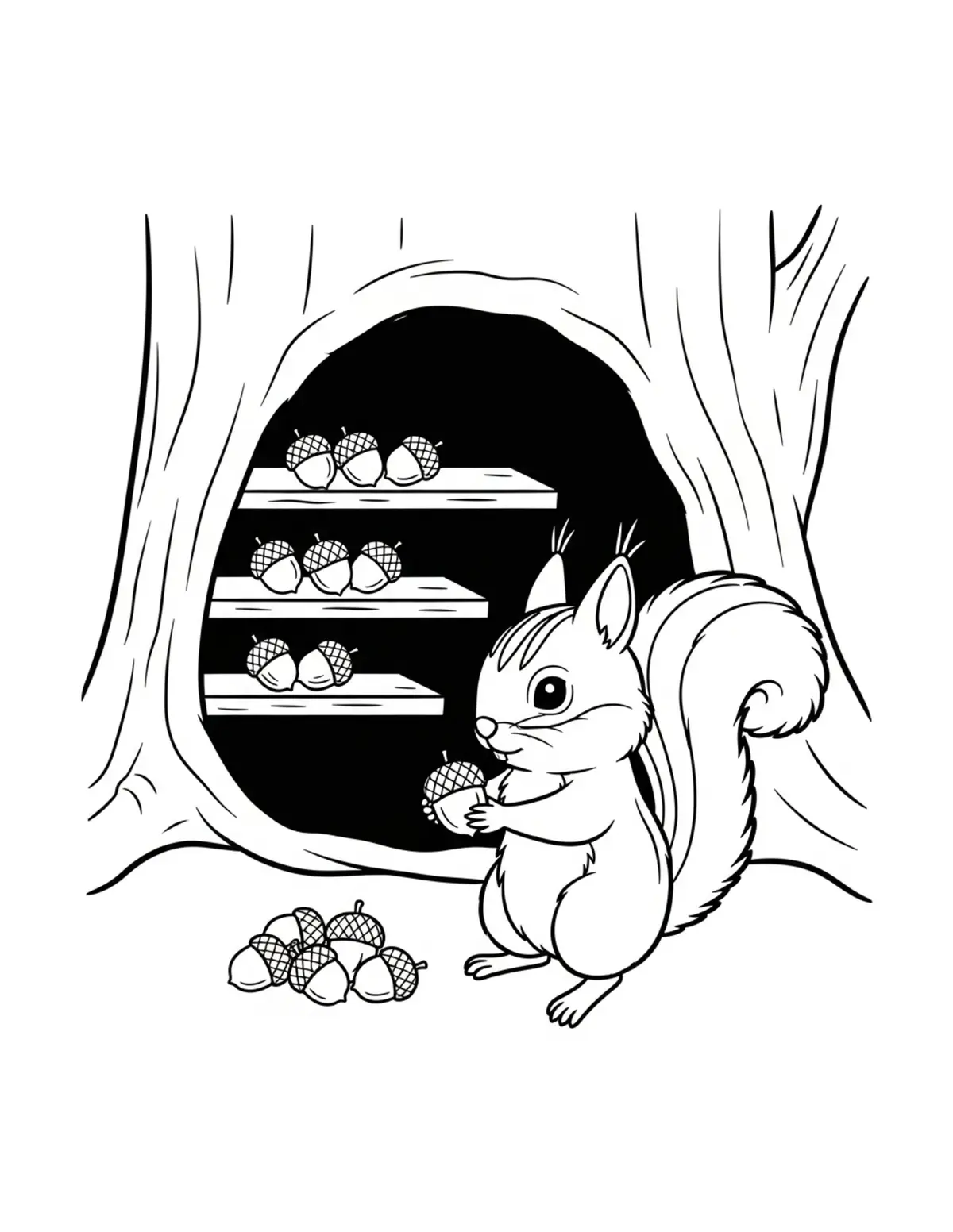 Tiny Squirrel Preparing Acorn coloring page - free printable JPG featuring adorable woodland animals
