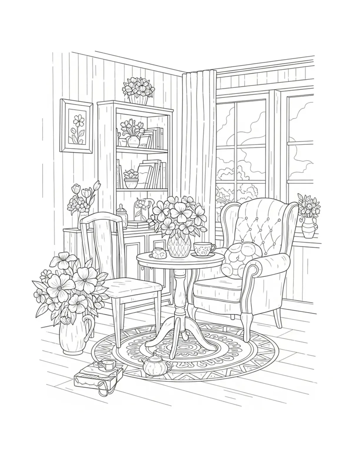 Free printable coloring page: tea room filled with flow coloring page. Cute and cozy design for kids and adults to download and print.