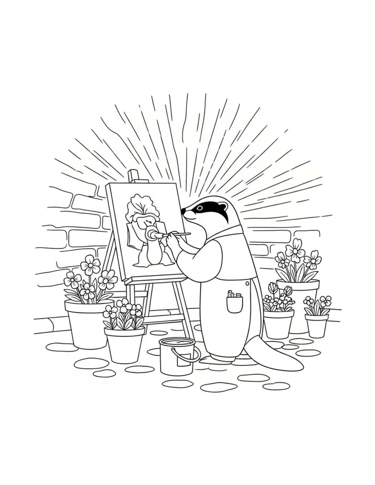 Badger Painting Flower Pots in Coloring Page - free printable JPG featuring adorable woodland animals