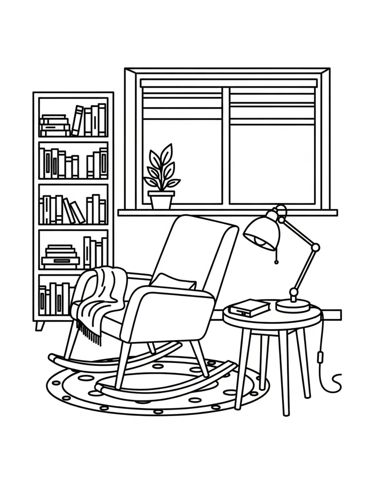 Free printable coloring page: cozy rocking chair reading spa coloring page. Cute and cozy design for kids and adults to download and print.