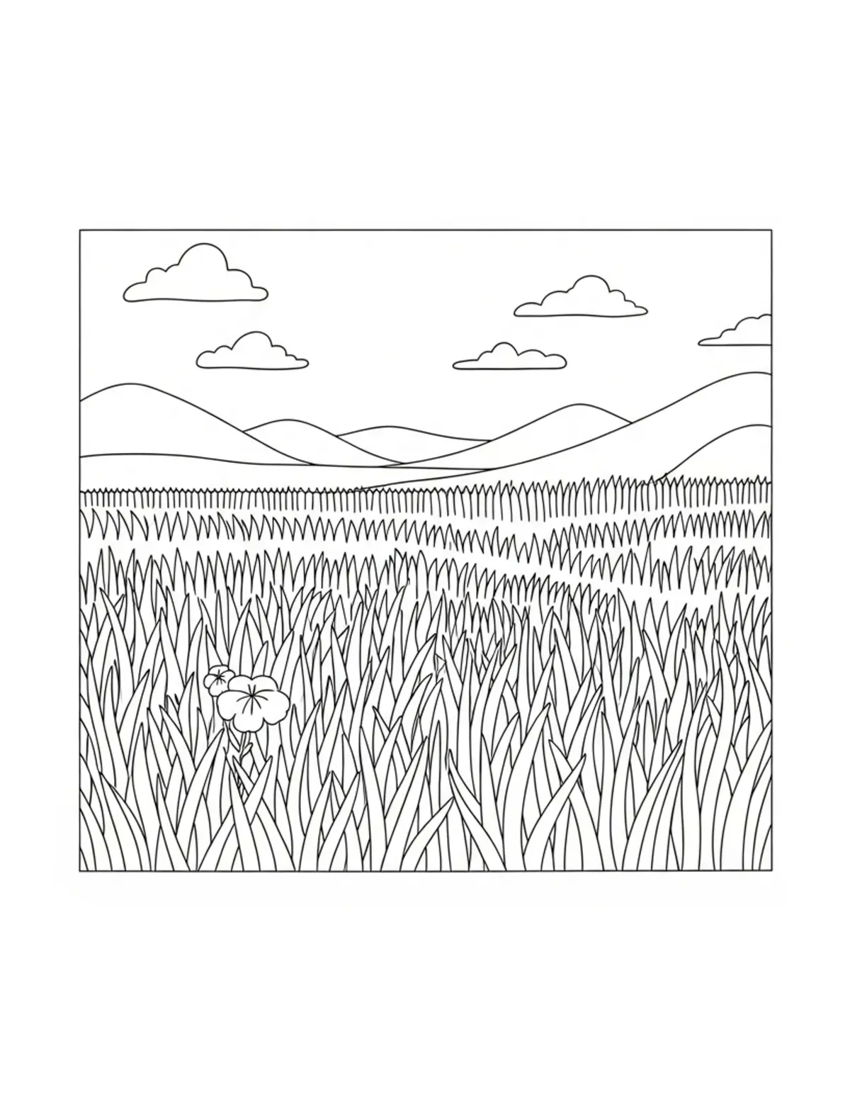 Free printable coloring page: cozy summer nature walk coloring page. Cute and cozy summer design for kids and adults to download and print.