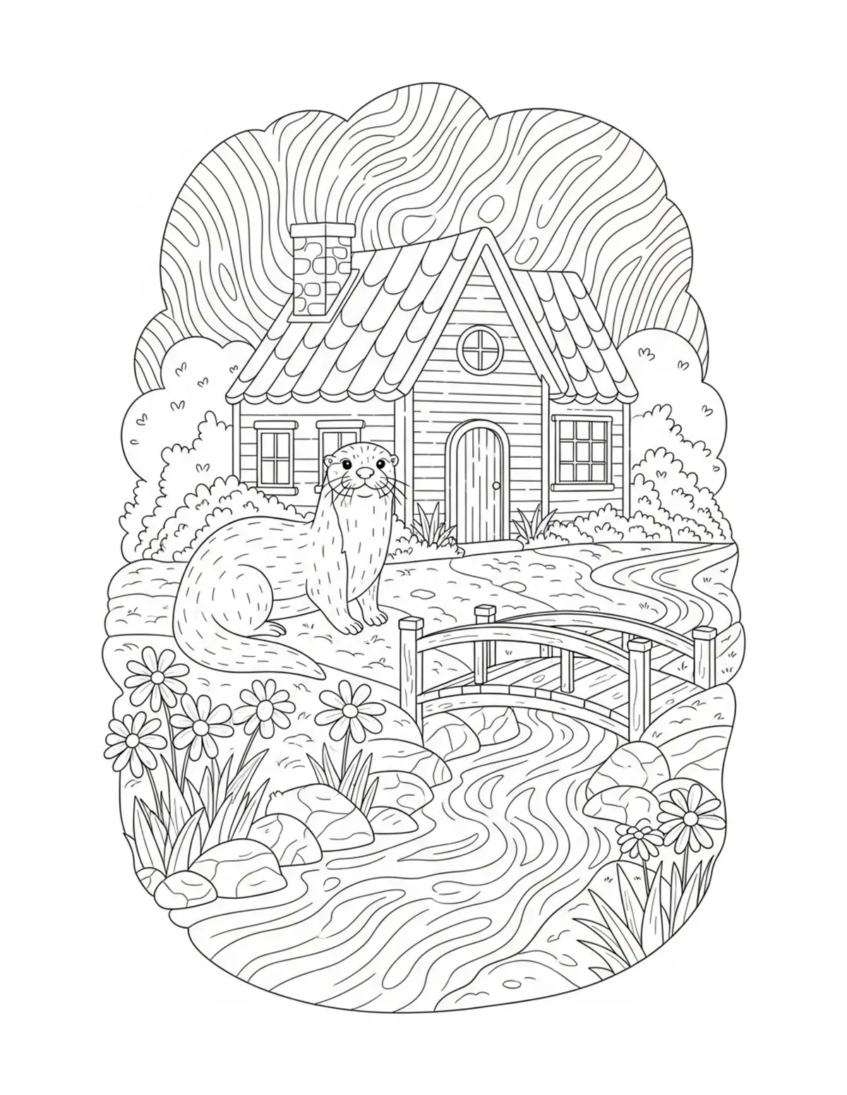Free printable coloring page: cute otter riverside cottage coloring page. Cute design for kids and adults.