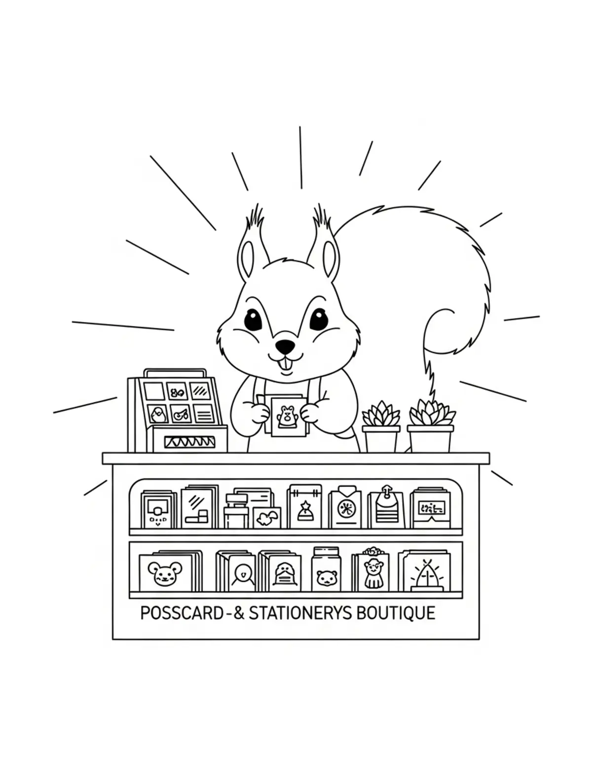 Free printable coloring page: little squirrel managing a pos coloring page. Cute and cozy tiny animal design for kids and adults to download and print.