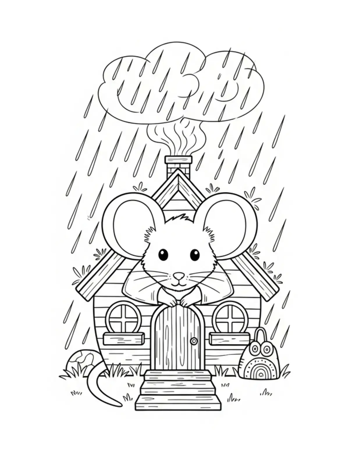 Free printable coloring page: mouse cozy cabin in rain coloring page. Cute and cozy design for kids and adults to download and print.