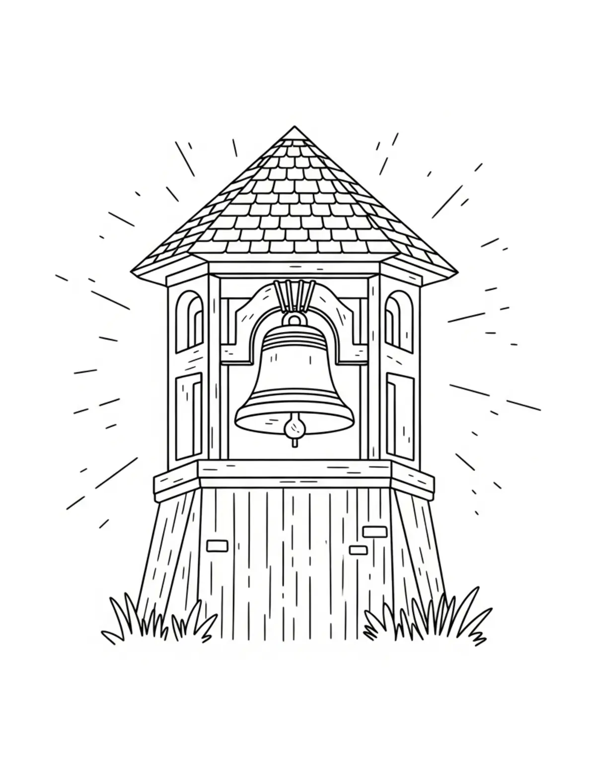 Free printable coloring page: secret-forest-bell-tower coloring page. Cute and cozy design for kids and adults to download and print.