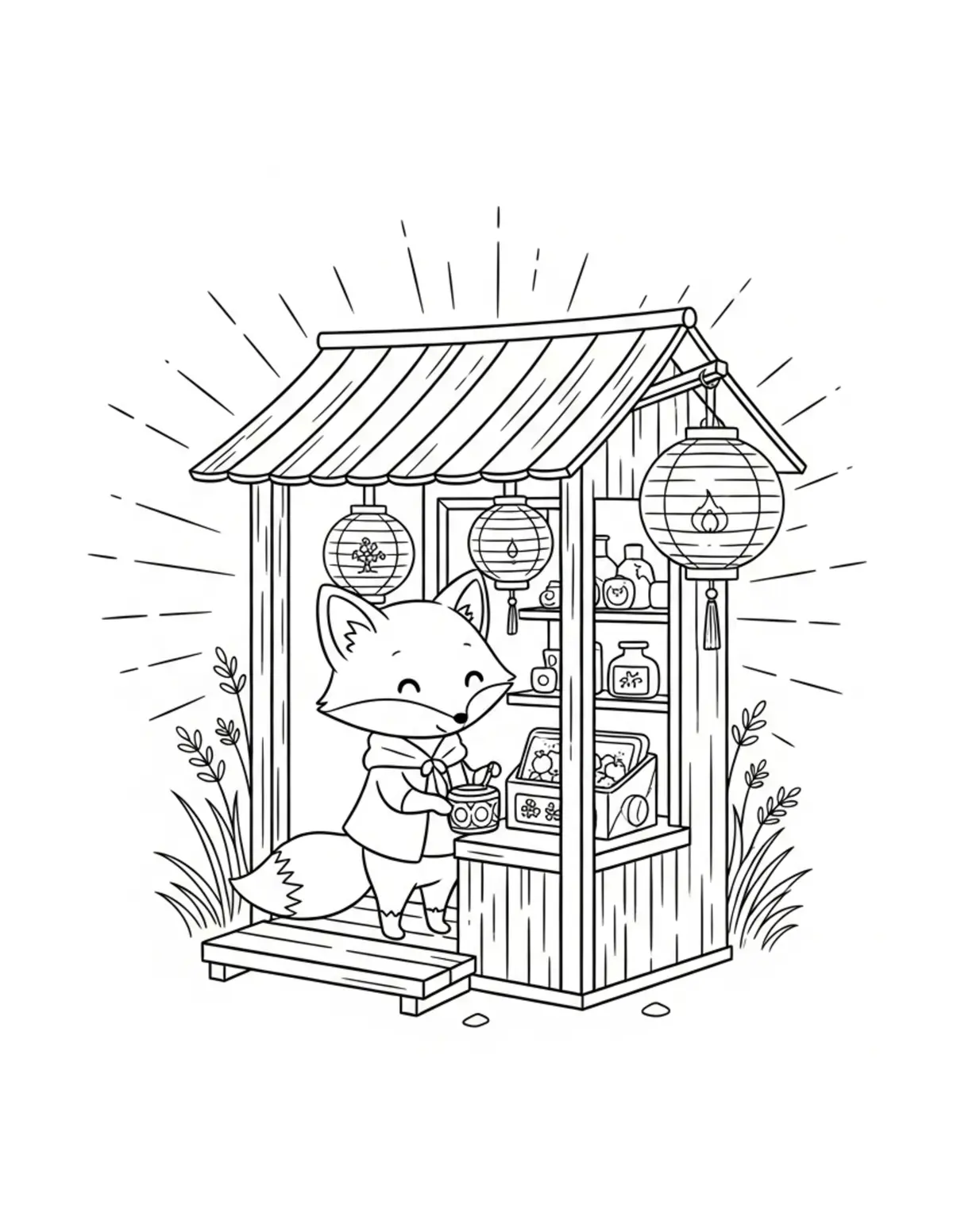 Free printable coloring page: tiny-fox-running-a-lantern-sho coloring page. Cute and cozy design for kids and adults to download and print.