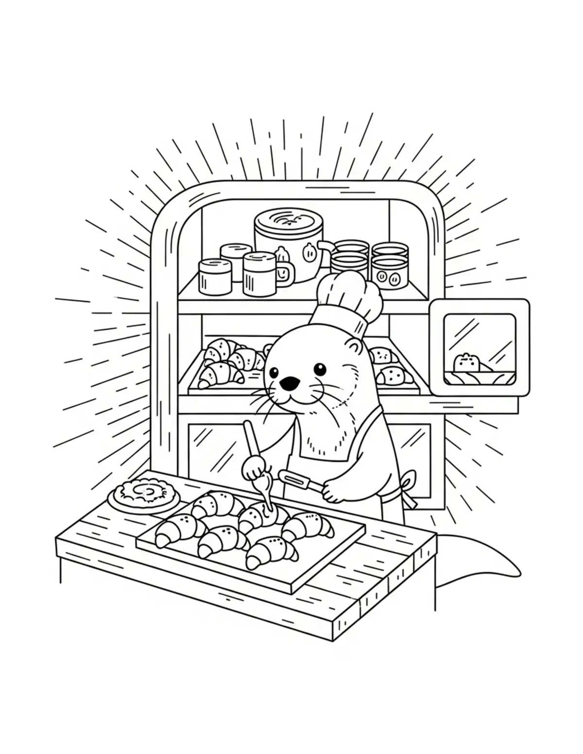 Free printable coloring page: tiny-otter-baking-croissants-i coloring page. Cute and cozy design for kids and adults to download and print.