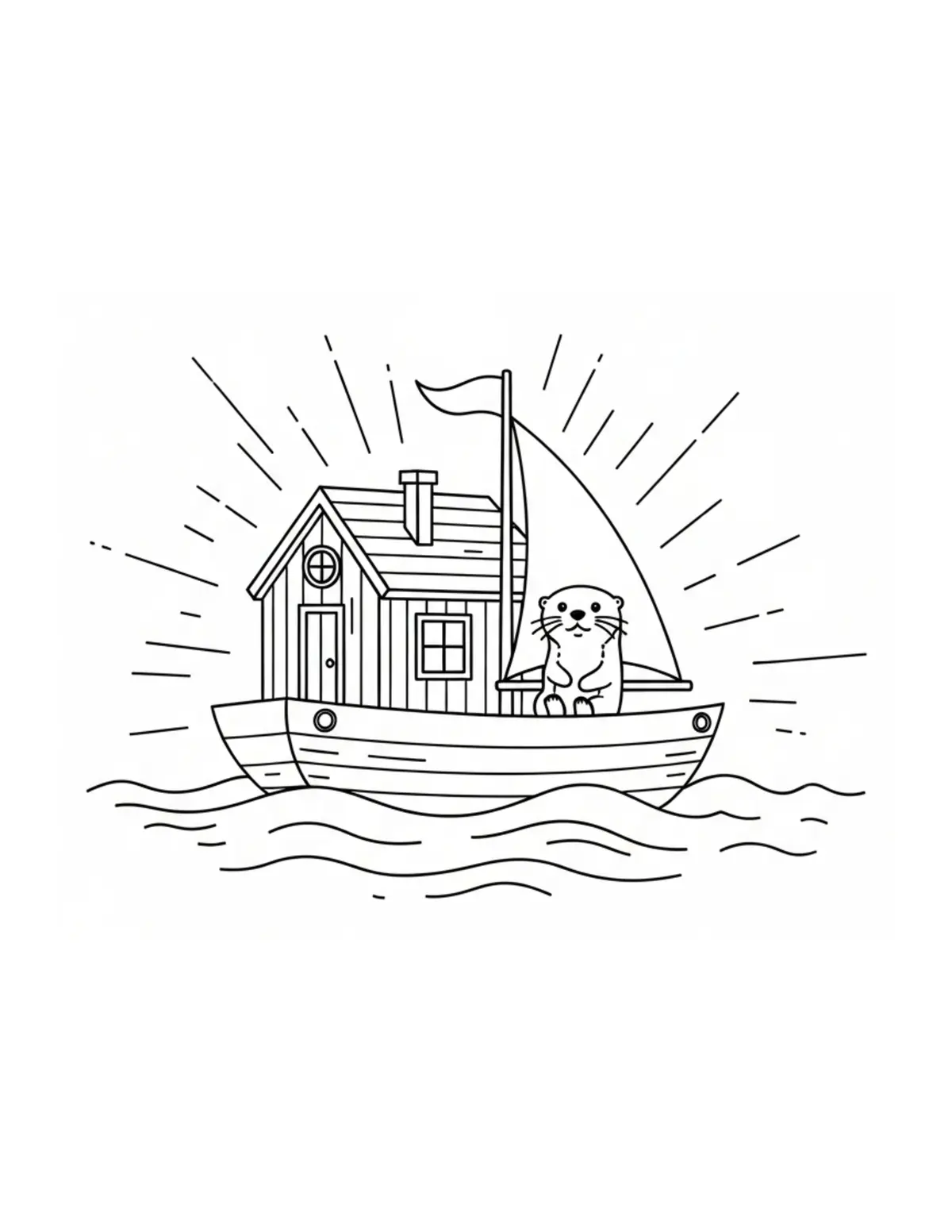 Free printable coloring page: tiny-otter-sailing-a-cozy-hous coloring page. Cute and cozy design for kids and adults to download and print.