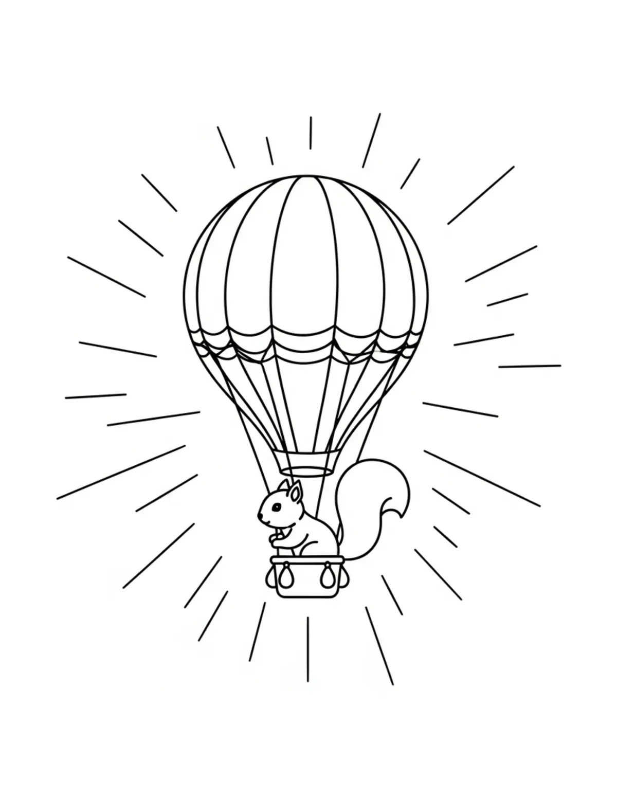 Free printable coloring page: tiny-squirrel-flying-a-hot-air coloring page. Cute and cozy design for kids and adults to download and print.