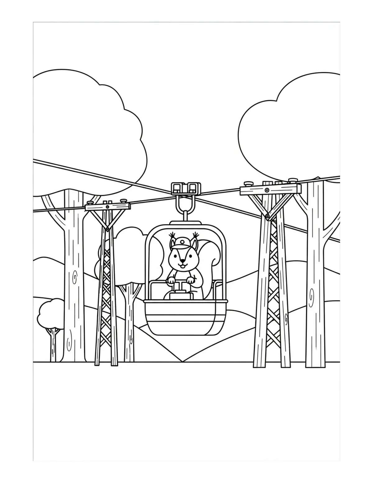 Free printable coloring page: tiny-squirrel-operating-a-fore coloring page. Cute and cozy design for kids and adults to download and print.