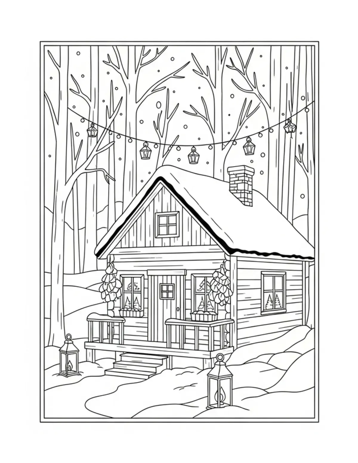 Free printable coloring page: cabin in snowy forest la coloring page. Cute and cozy design for kids and adults to download and print.