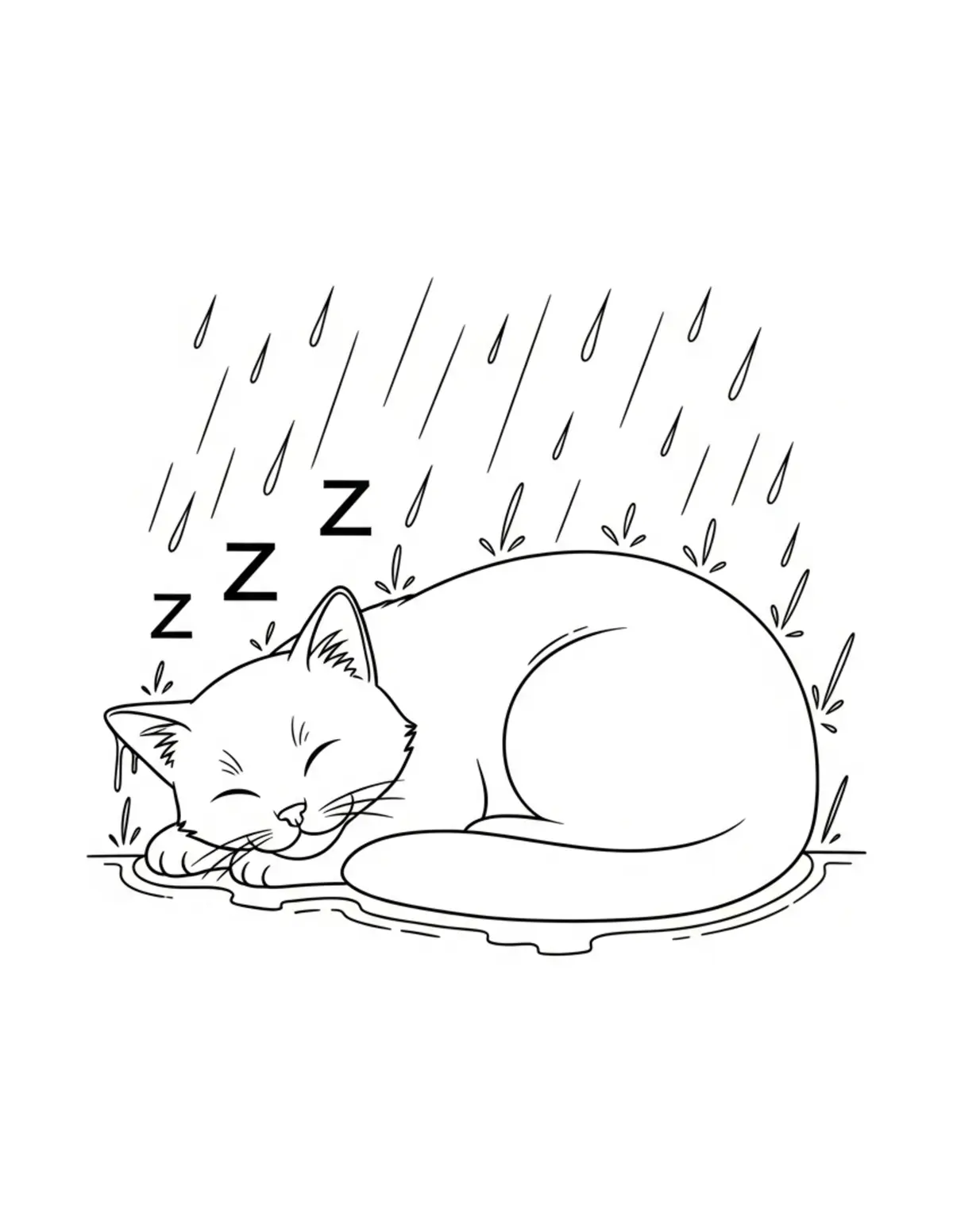 Free printable coloring page: cat sleeping during rainstorm coloring page. Cute and cozy design for kids and adults to download and print.