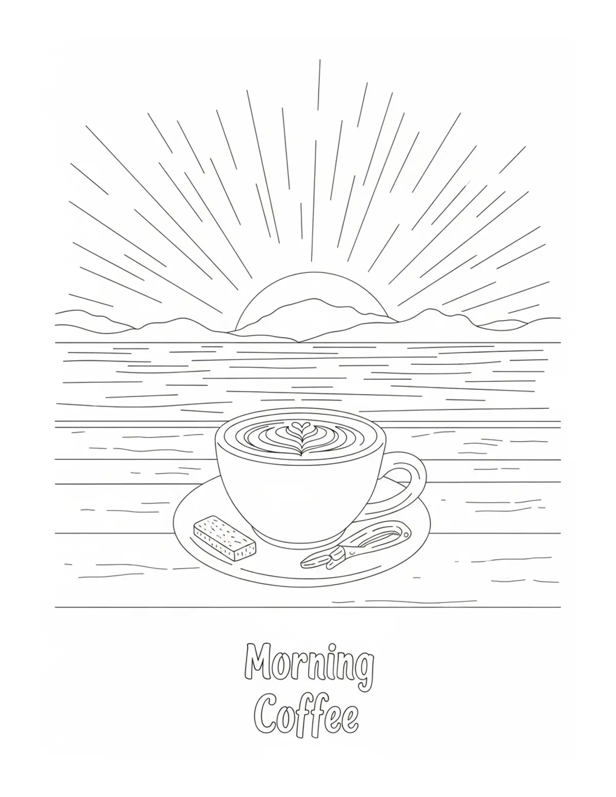 Free printable coloring page: cozy lake view morning coffee coloring page. Cute and cozy summer design for kids and adults to download and print.