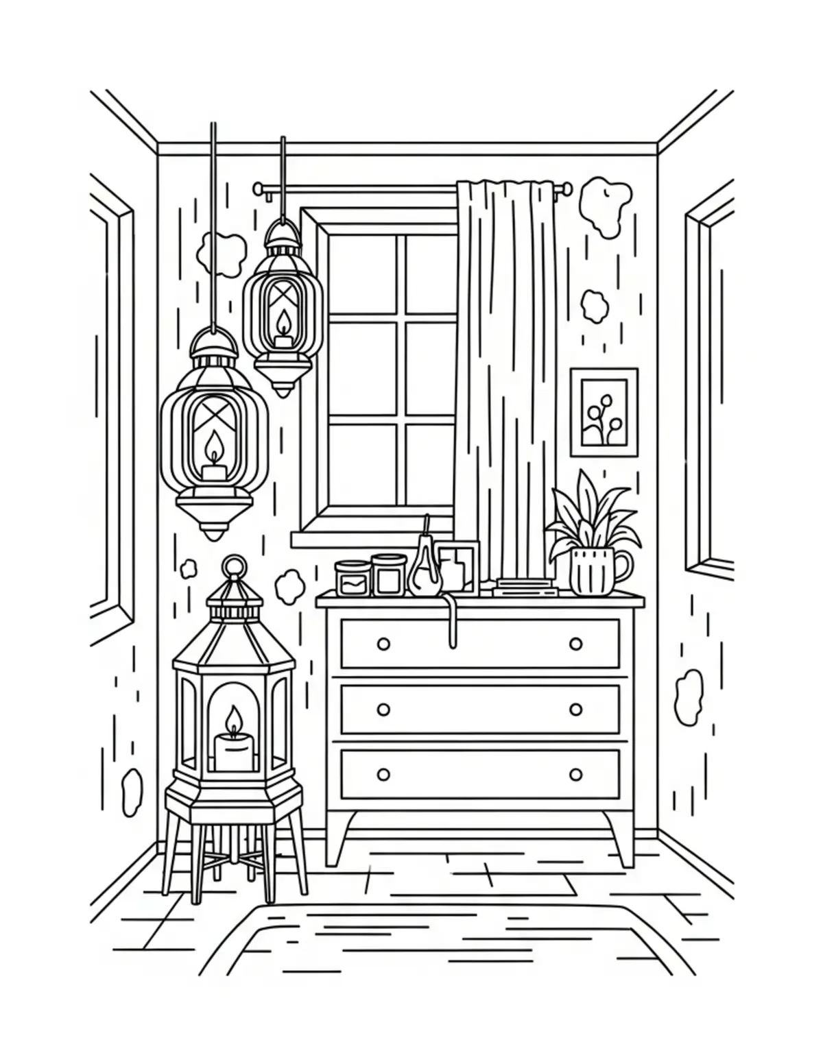 Free printable coloring page: cozy lantern collection room coloring page. Cute and cozy design for kids and adults to download and print.