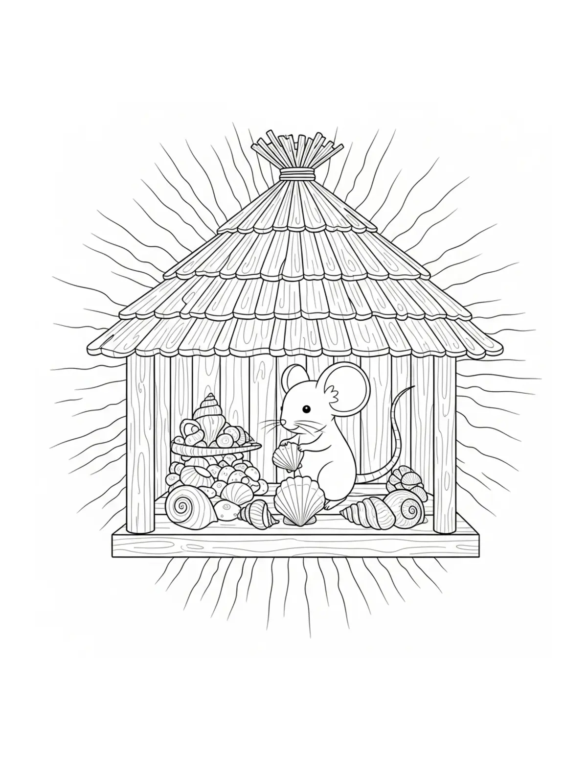 Cute Mouse Arranging Seashell coloring page - free printable JPG featuring adorable woodland animals