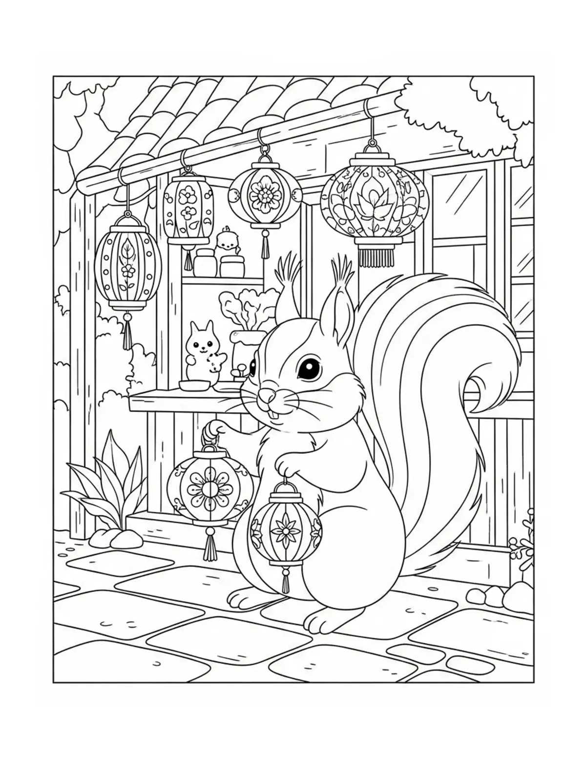 Cute Squirrel Lantern Shop Col — free printable cozy coloring coloring page for kids and adults
