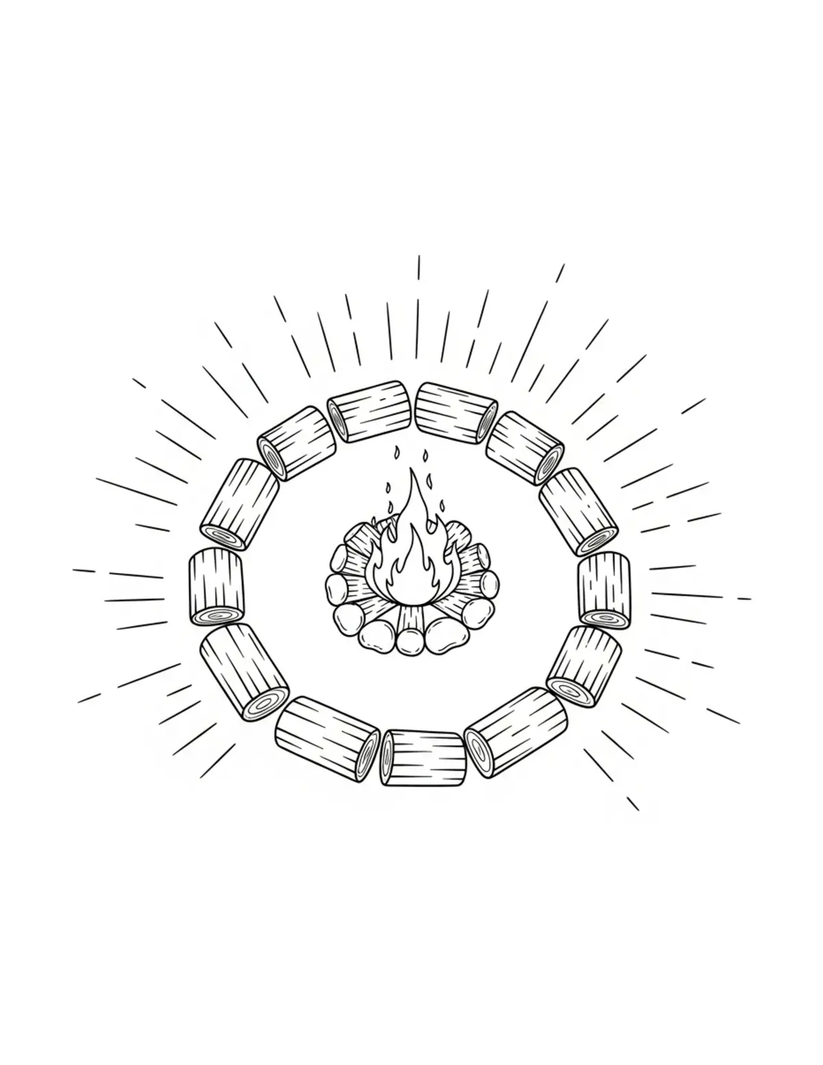 Free printable coloring page: lost-woodland-campfire-circle coloring page. Cute and cozy design for kids and adults to download and print.