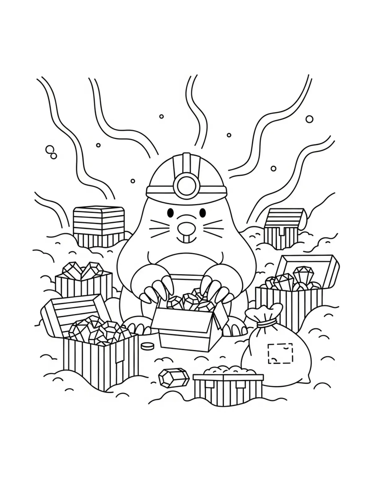 Mole Sorting Treasure Boxes Un Coloring Page - free printable JPG featuring adorable woodland animals