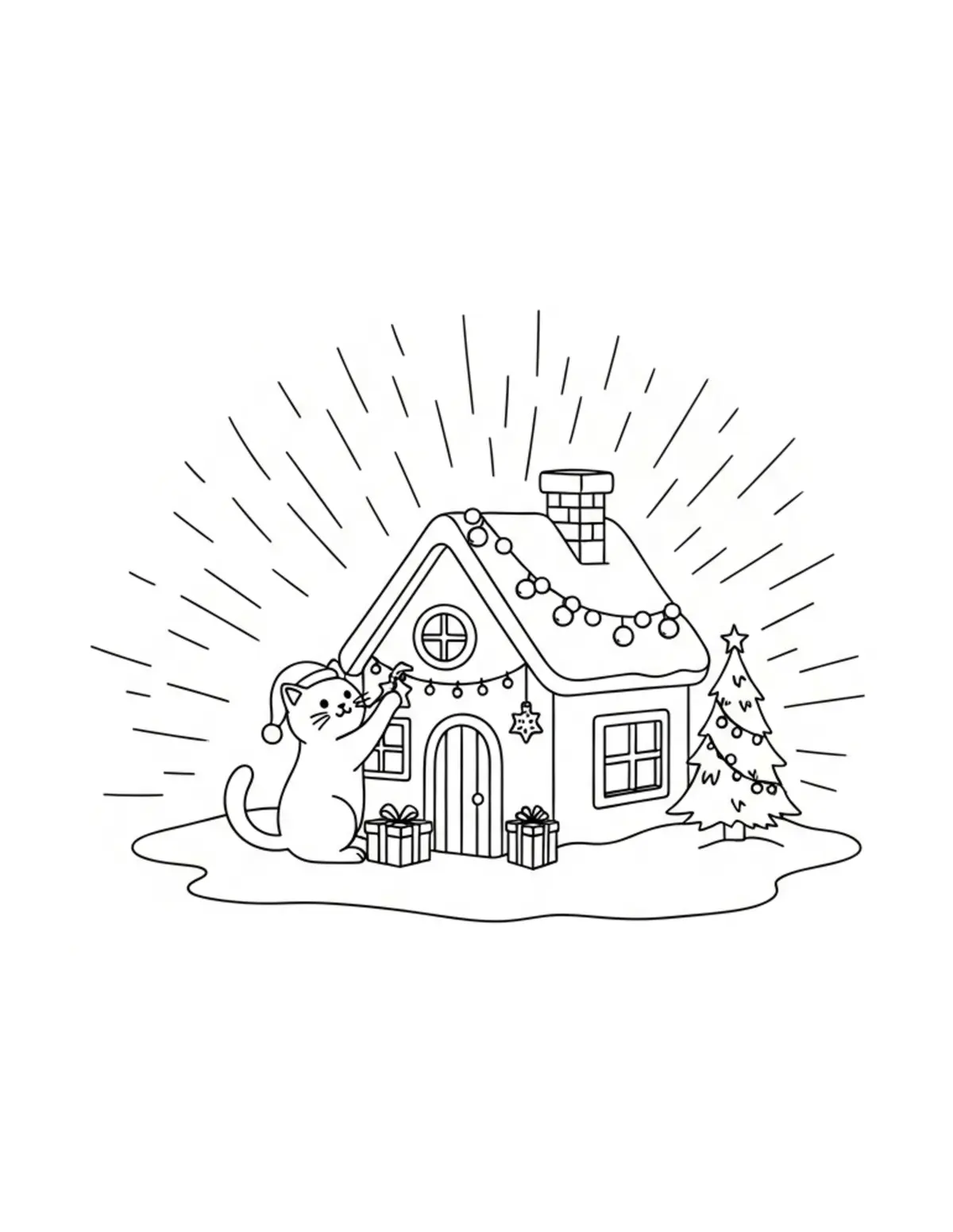 Free printable coloring page: tiny-cat-decorating-a-christma coloring page. Cute and cozy design for kids and adults to download and print.
