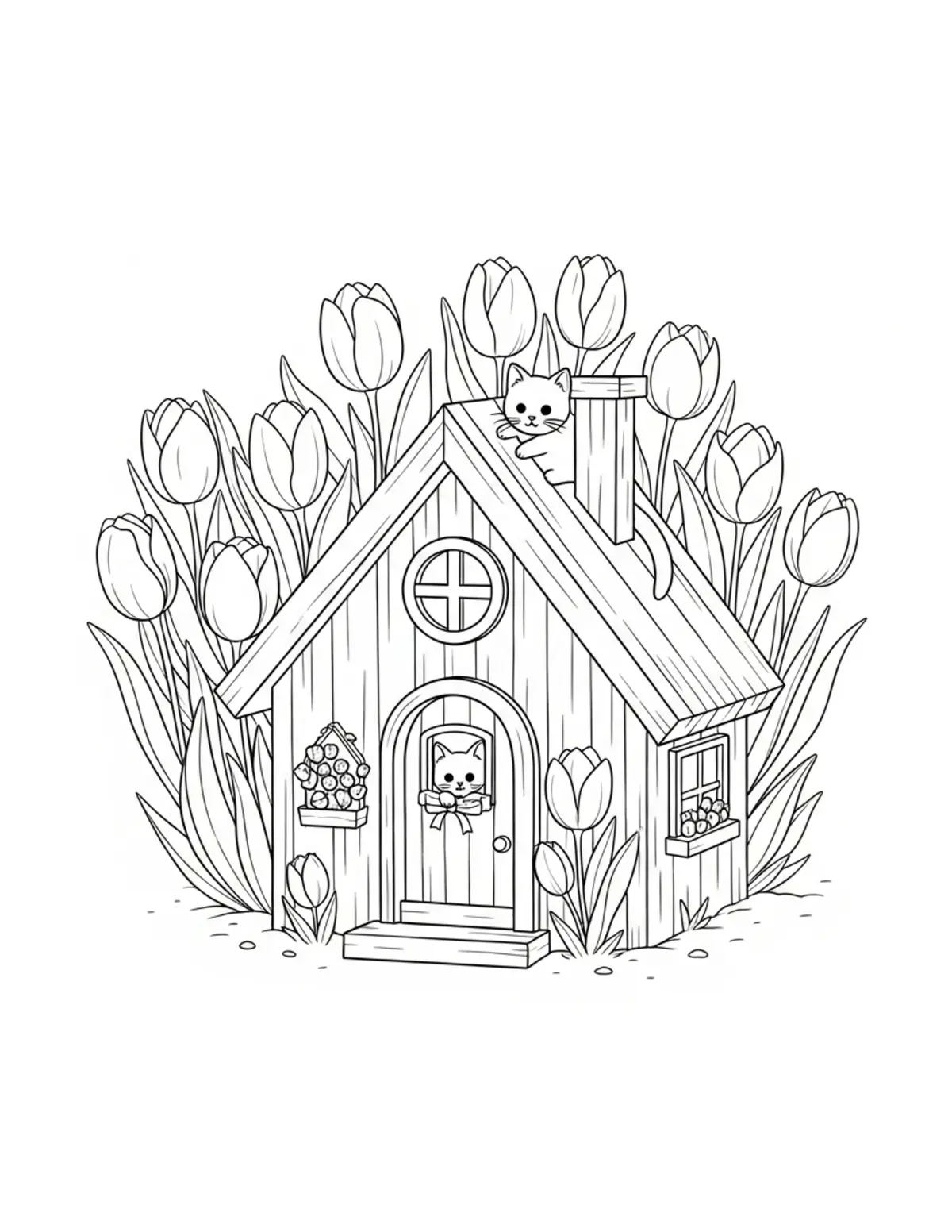 Free printable coloring page: tiny-cat-living-in-a-tulip-gar coloring page. Cute and cozy design for kids and adults to download and print.