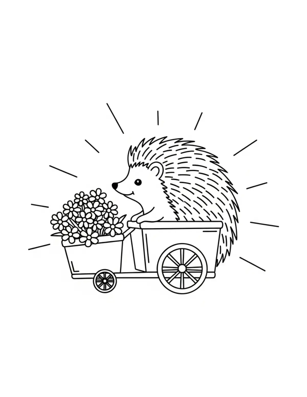 Free printable coloring page: tiny-hedgehog-delivering-flowe coloring page. Cute and cozy design for kids and adults to download and print.