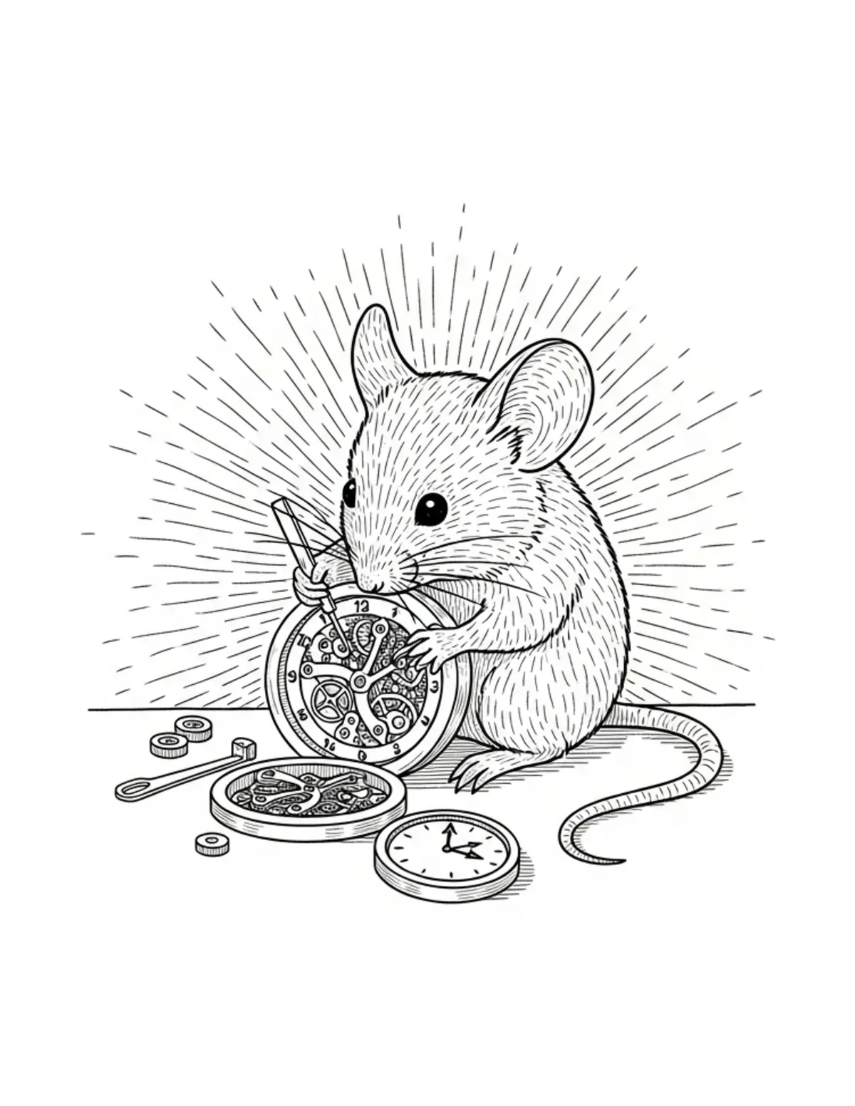 Free printable coloring page: tiny-mouse-repairing-tiny-cloc coloring page. Cute and cozy design for kids and adults to download and print.