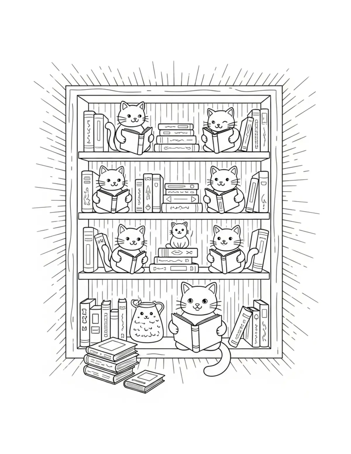 Free printable coloring page: tiny cat book club library sh coloring page. Cute design for kids and adults.