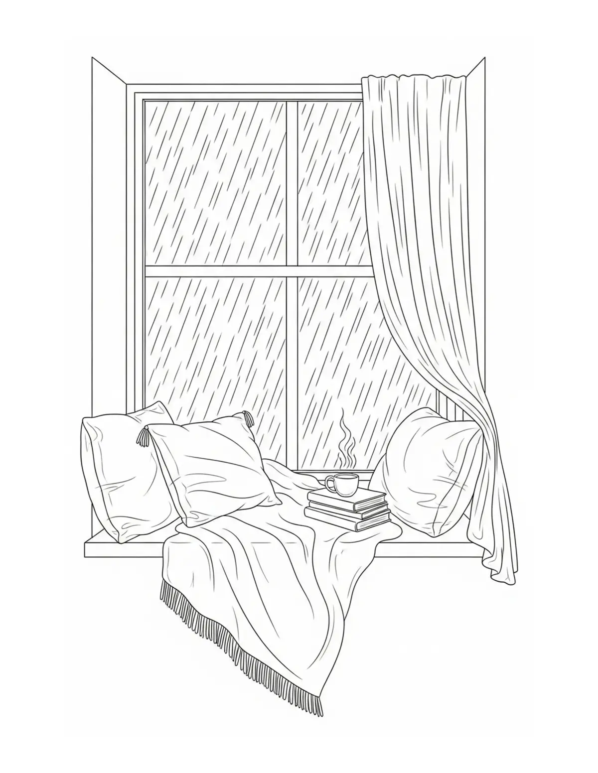 Free printable coloring page: window seat during rain coloring page. Cute and cozy design for kids and adults to download and print.