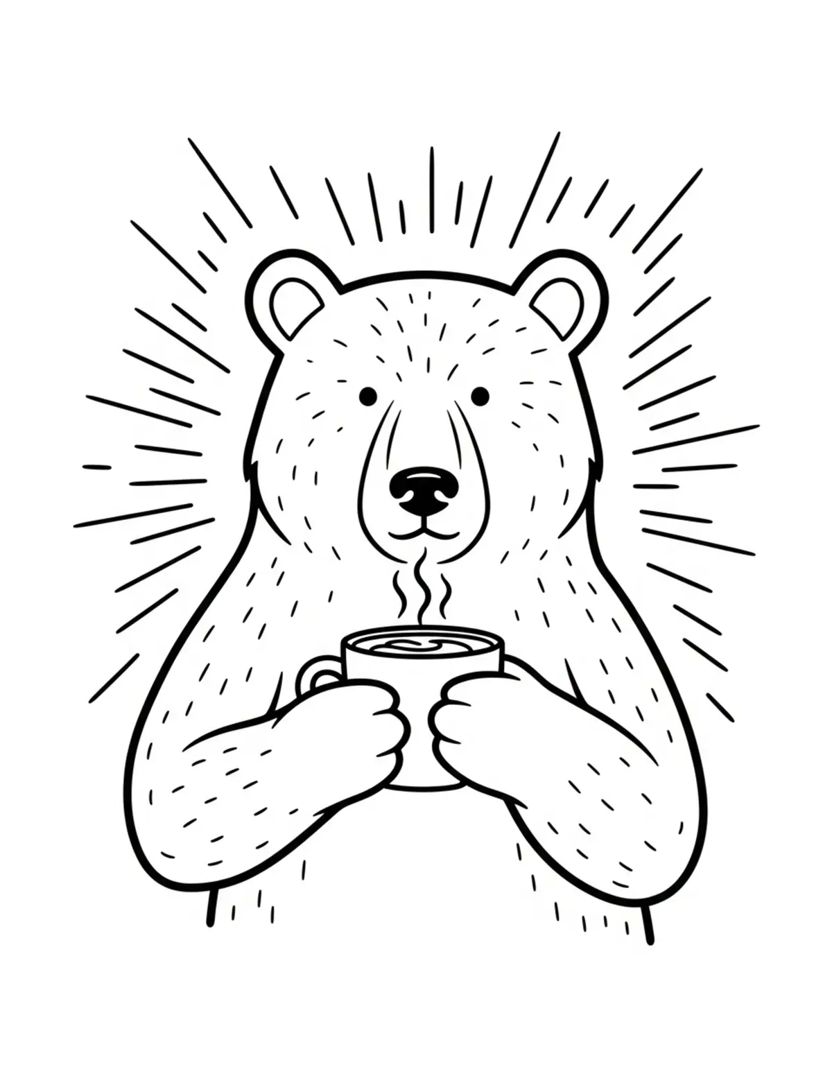 Free printable coloring page: bear drinking hot chocolate coloring page. Cute and cozy design for kids and adults to download and print.