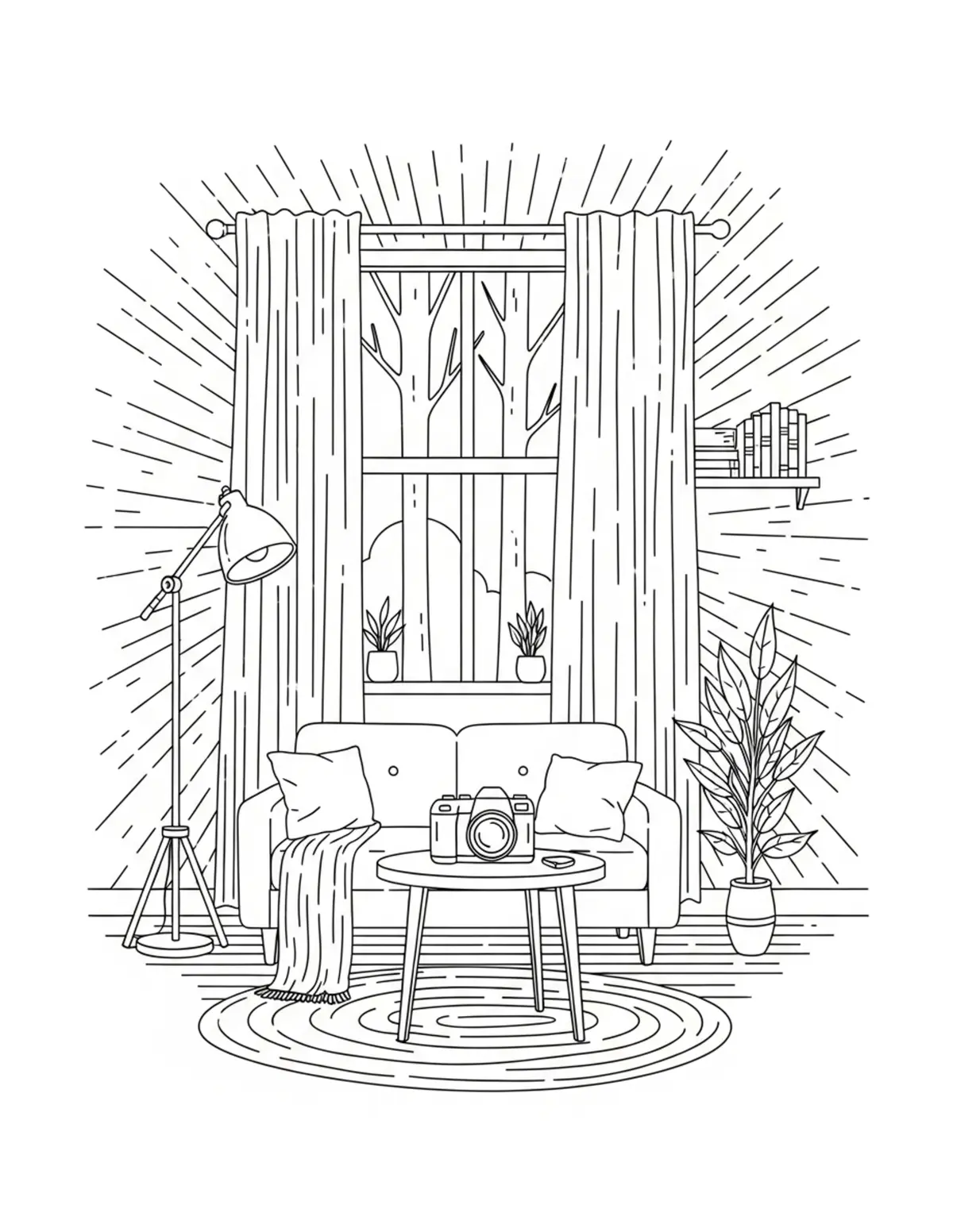 Free printable coloring page: cozy forest photography room coloring page. Cute and cozy design for kids and adults to download and print.