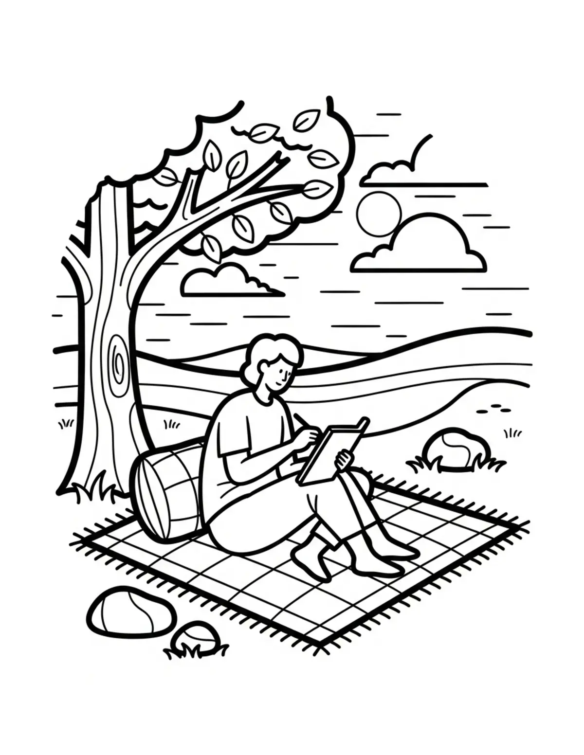 Free printable coloring page: cozy summer outdoor sketching coloring page. Cute and cozy summer design for kids and adults to download and print.