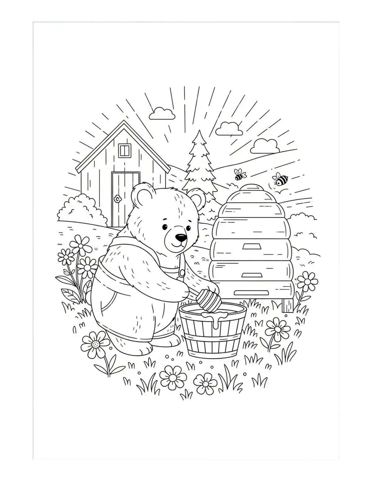 Cute Bear Honey Farm — free printable cozy coloring coloring page for kids and adults