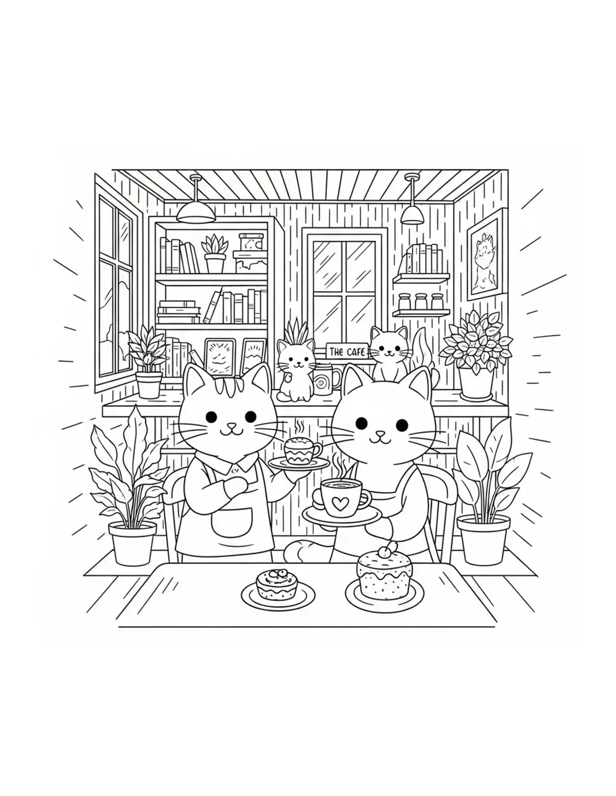 Cute Cat Caf — free printable cute animals coloring page for kids and adults