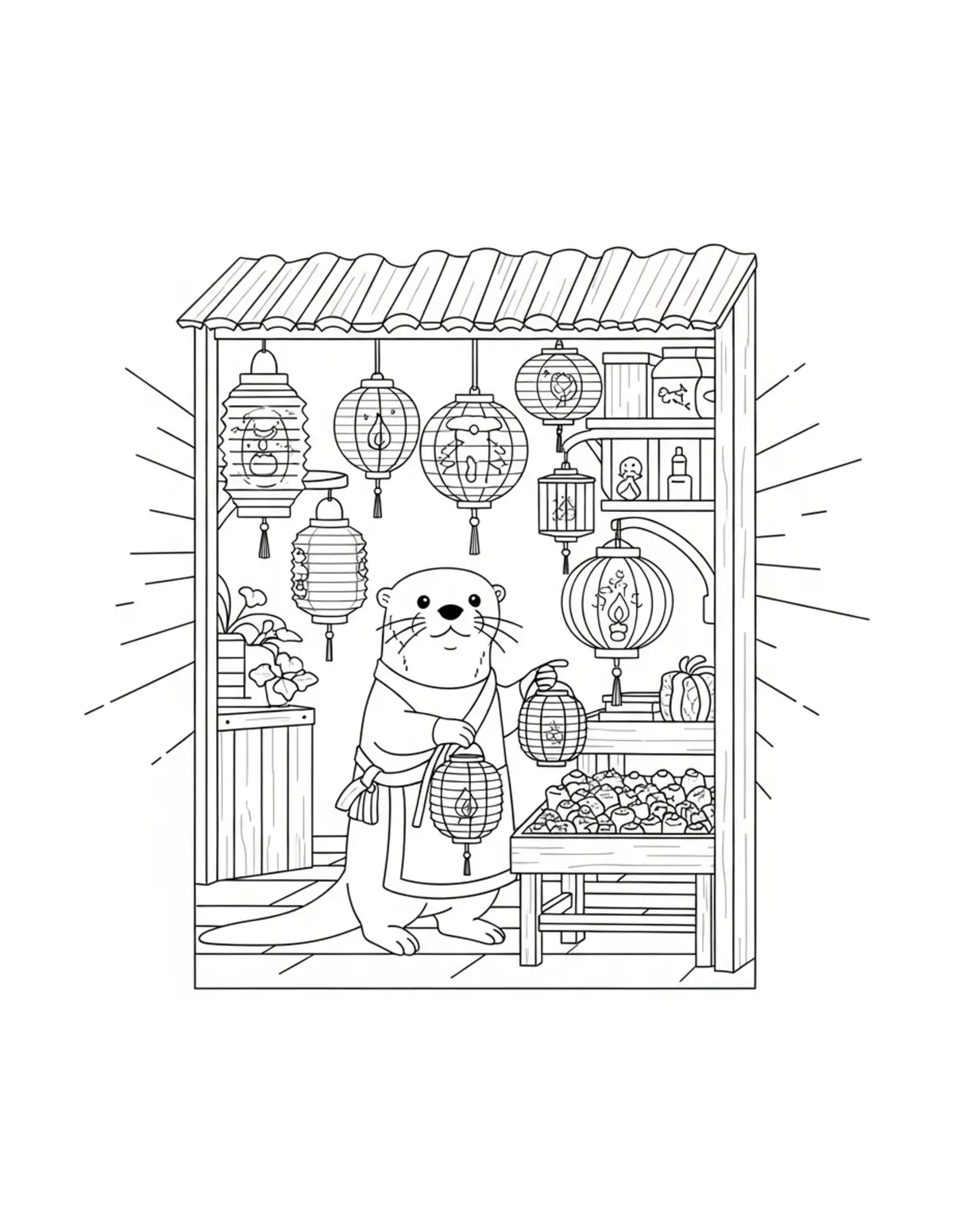 Free printable coloring page: cute otter selling handmade la coloring page. Cute and cozy tiny animal design for kids and adults to download and print.