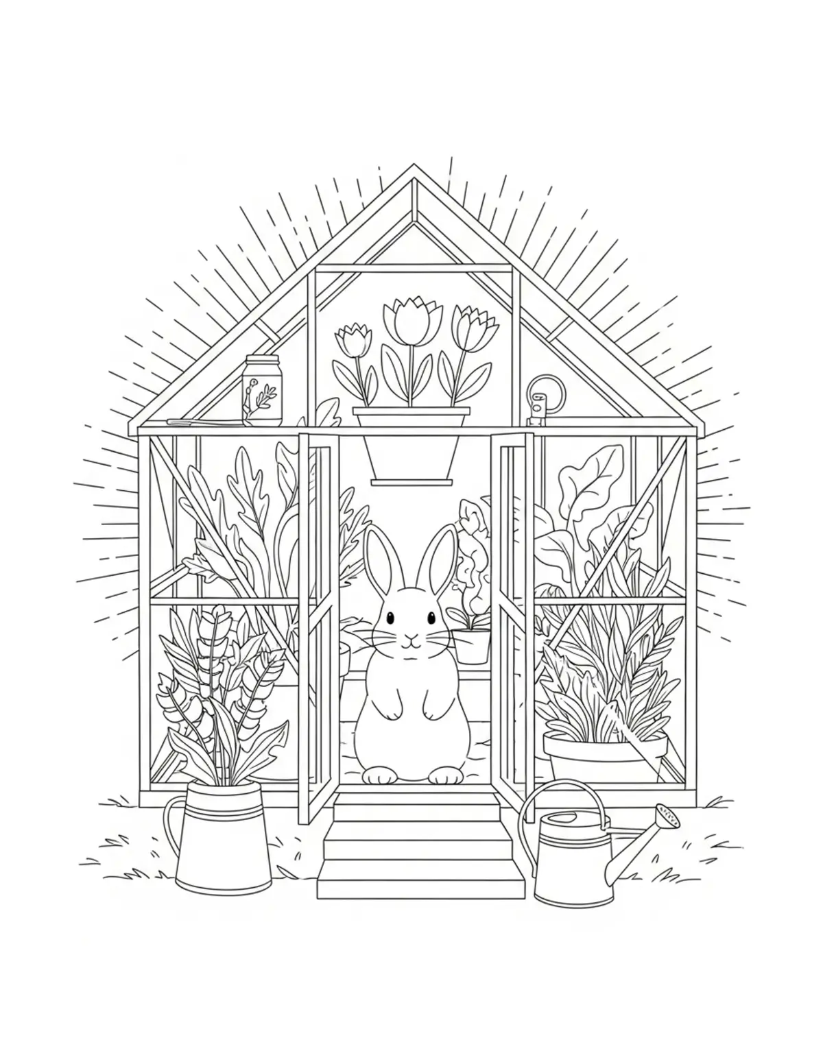 Free printable coloring page: cute rabbit flower greenhouse coloring page. Cute design for kids and adults.