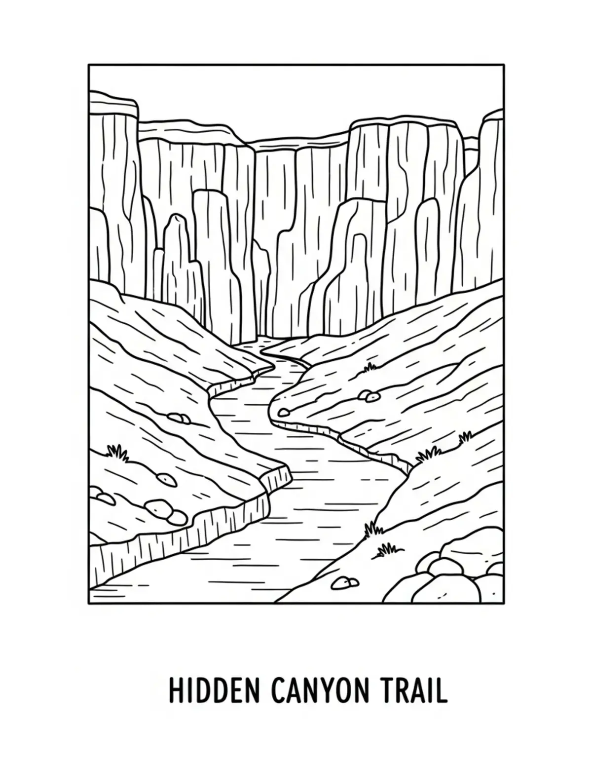 Free printable coloring page: hidden-canyon-trail coloring page. Cute and cozy design for kids and adults to download and print.