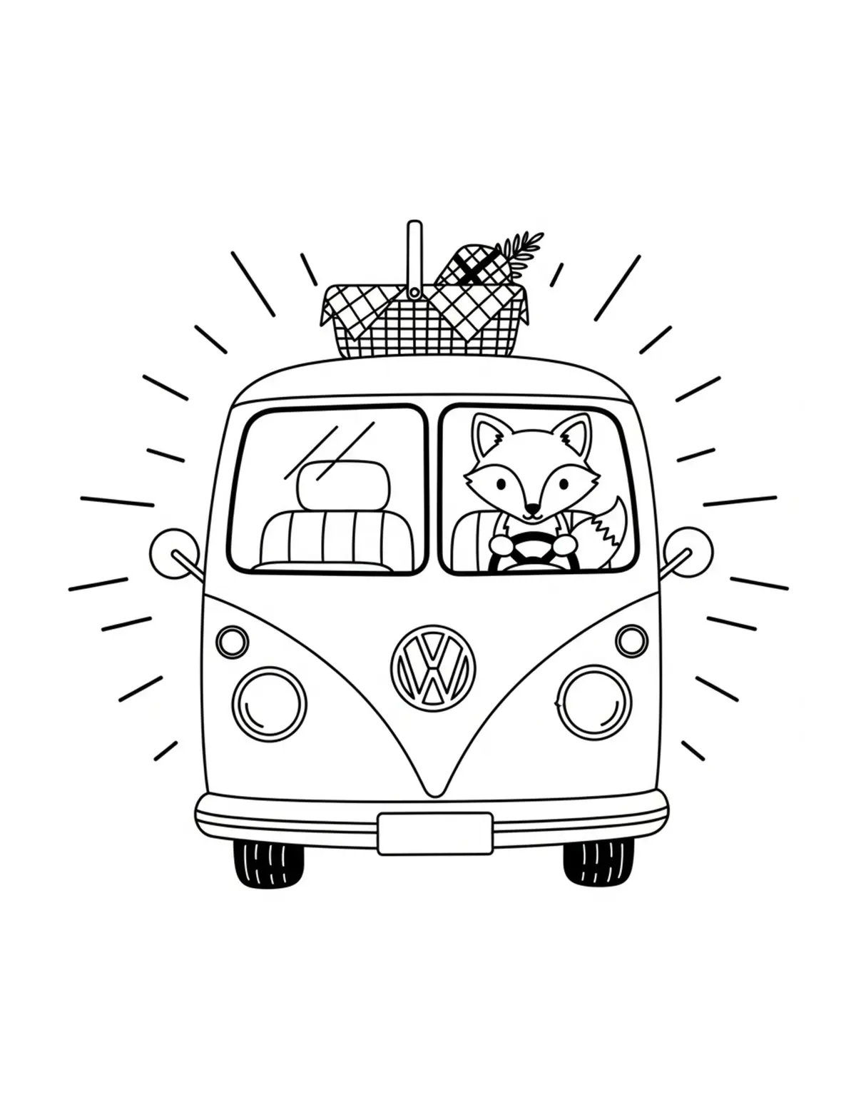 Free printable coloring page: tiny-fox-driving-a-woodland-pi coloring page. Cute and cozy design for kids and adults to download and print.