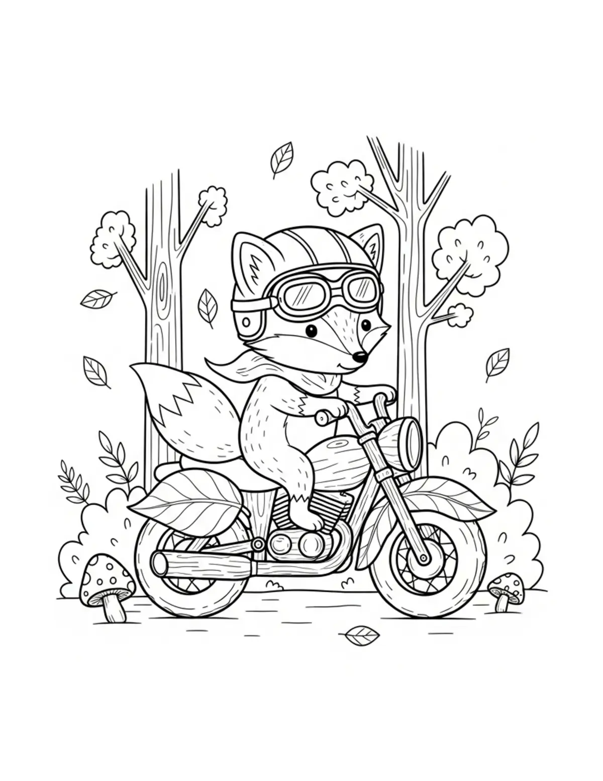 Free printable coloring page: tiny-fox-riding-a-woodland-mot coloring page. Cute and cozy design for kids and adults to download and print.