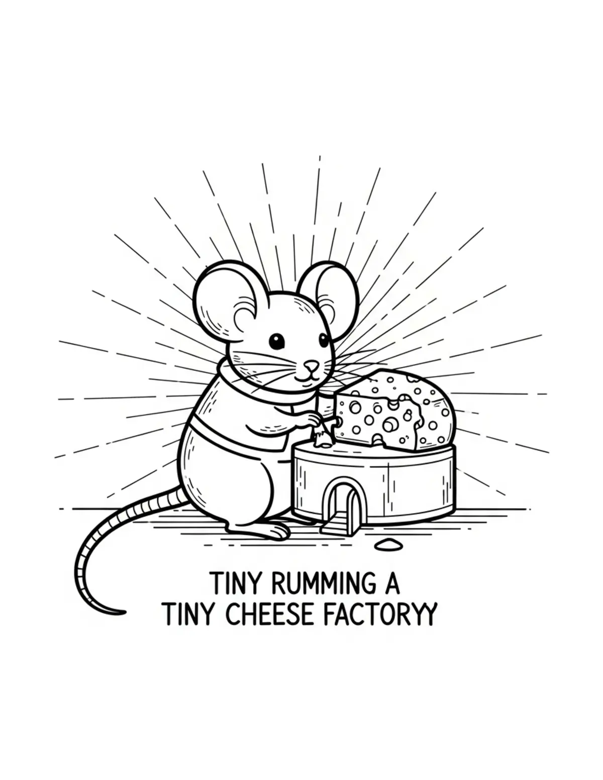 Free printable coloring page: tiny-mouse-running-a-tiny-chee coloring page. Cute and cozy design for kids and adults to download and print.