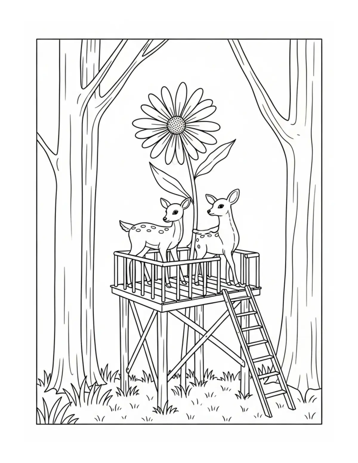 Tiny Deer Building a Flower Observatory coloring page - free printable JPG featuring adorable woodland animals