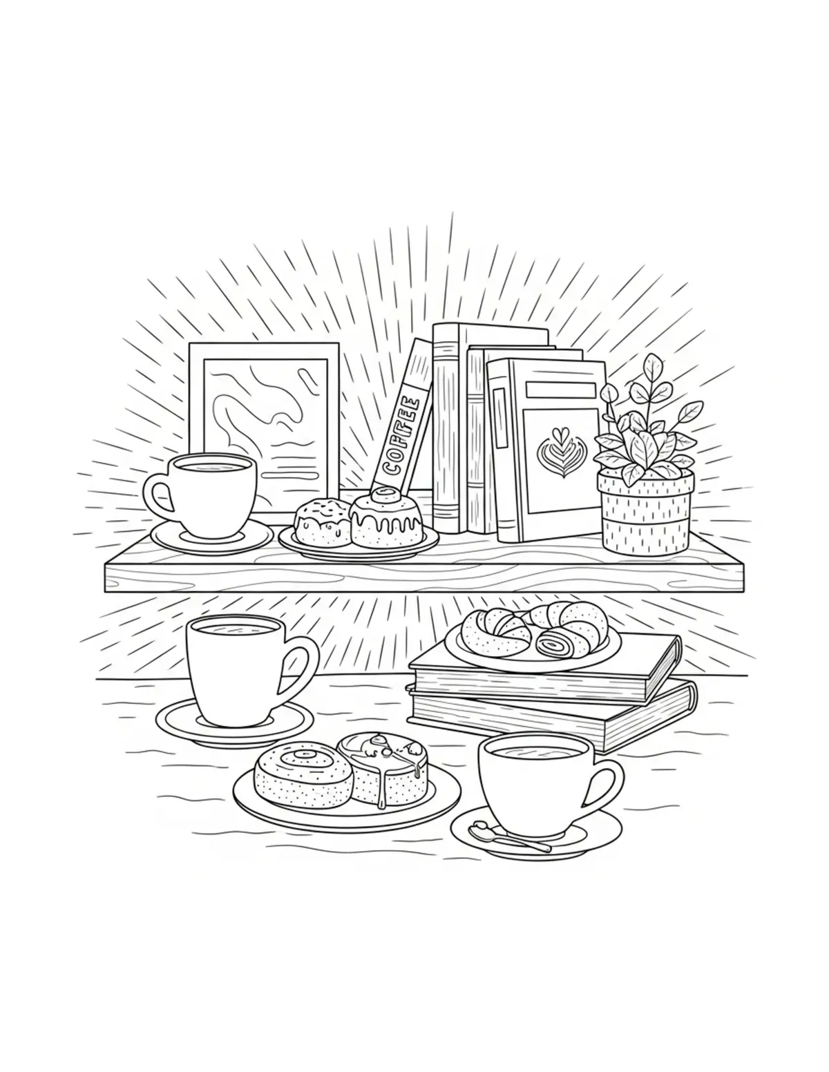 Free printable coloring page: coffee shop corner coffe coloring page. Cute and cozy design for kids and adults to download and print.