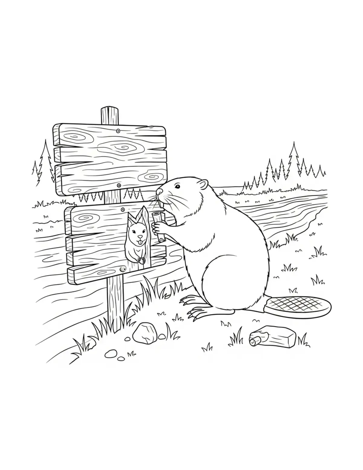 Beaver Carving Wooden Signs be Coloring Page - free printable JPG featuring adorable woodland animals