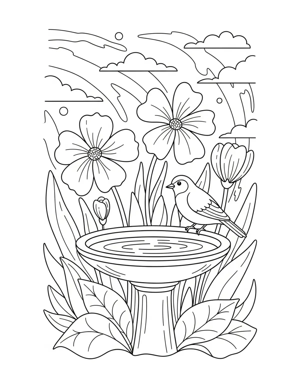 Free printable coloring page: cozy garden bird bath coloring page. Cute and cozy summer design for kids and adults to download and print.