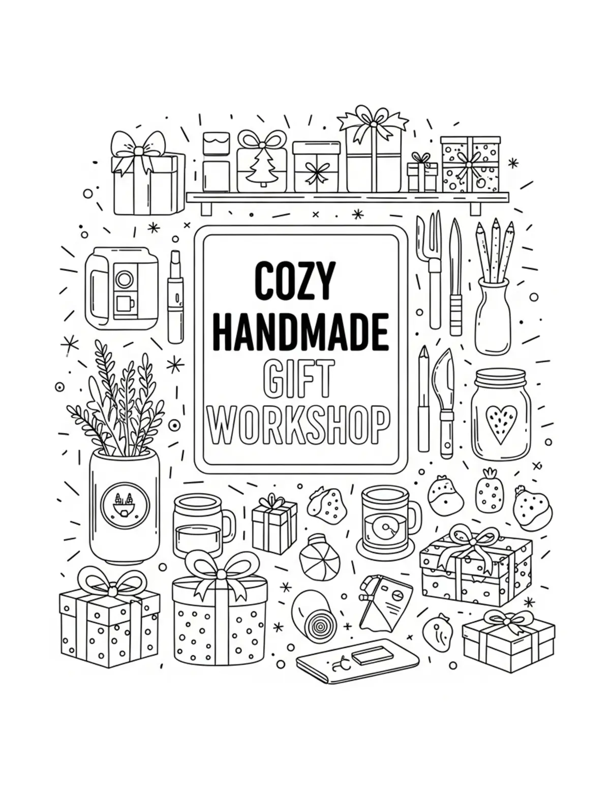 Free printable coloring page: cozy handmade gift workshop coloring page. Cute and cozy design for kids and adults to download and print.